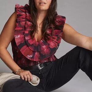 Anthropologie Ollari Ruffled Organza Blouse Red Multi Size 1x